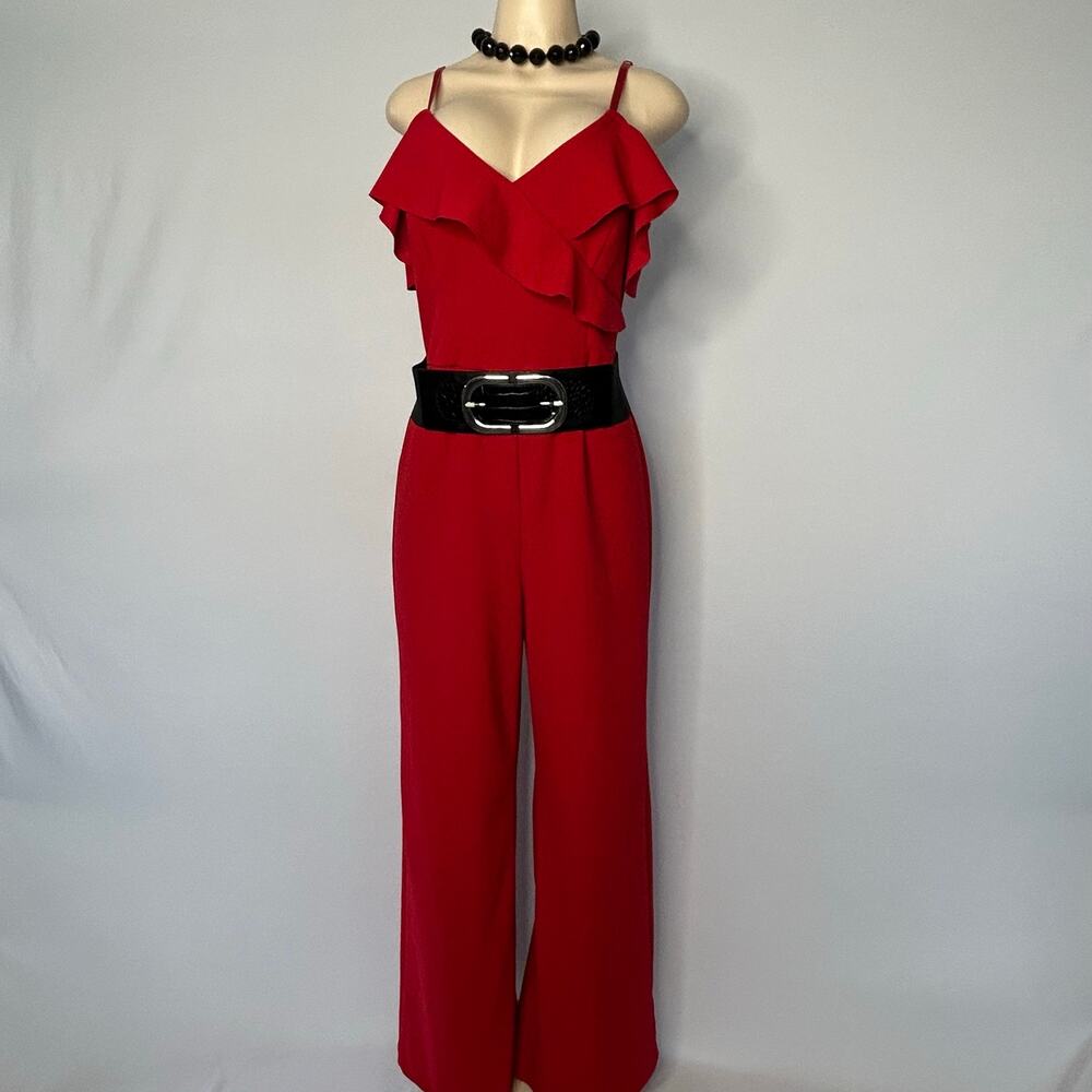 IZ Byer Red Ruffle Wide Leg Jumpsuit Women’s Size L Sleeveless V-Neck Dressy